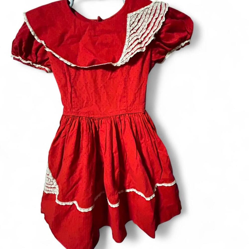 Vintage antique handmade 4 years girl red babydoll style dress swiss dot